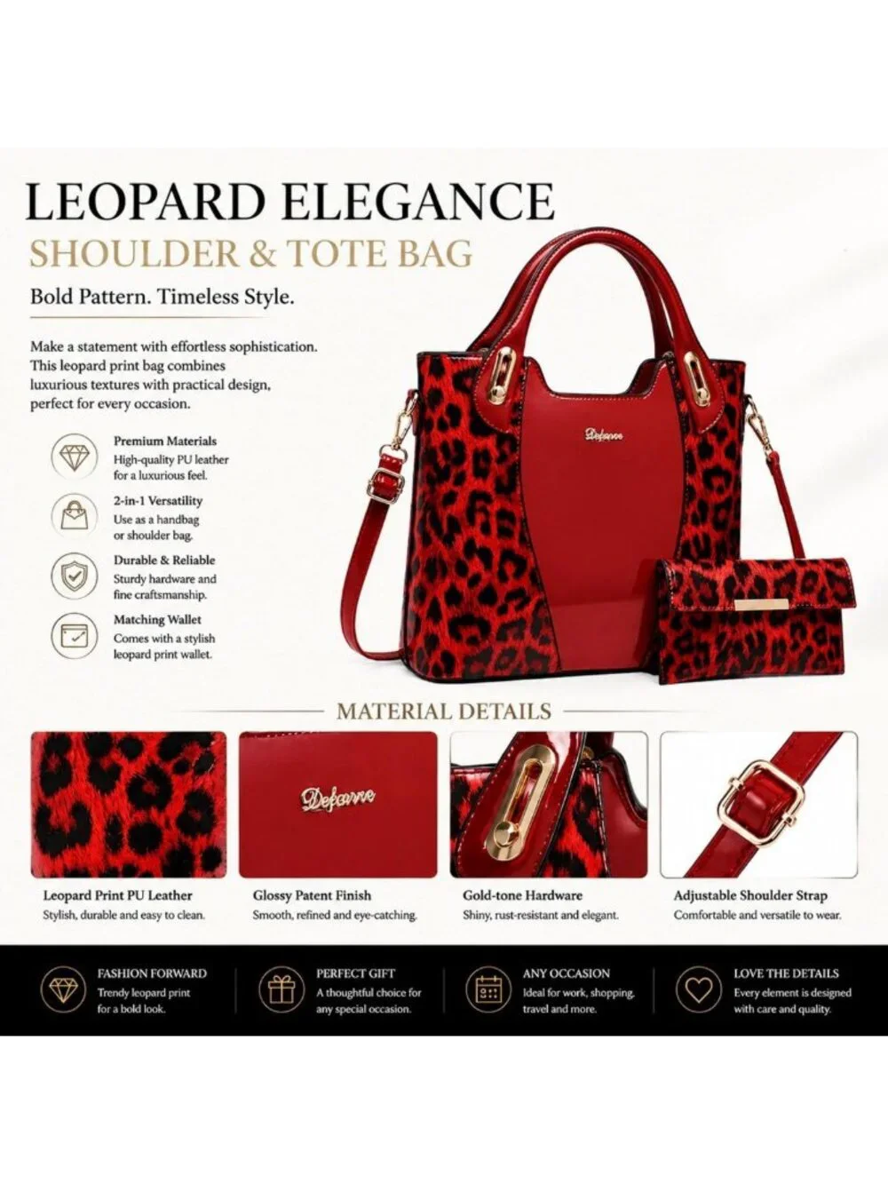 Glossy Leopard Print Tote & Purse Set for Women | Stylish Leather Handbags
